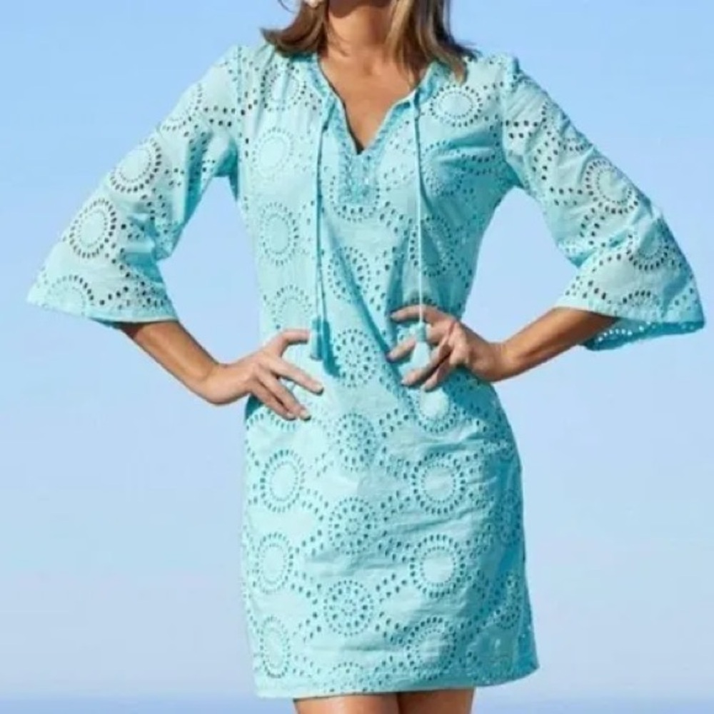 Boston Proper Aqua Eyelet Swim Cover-Up Dress